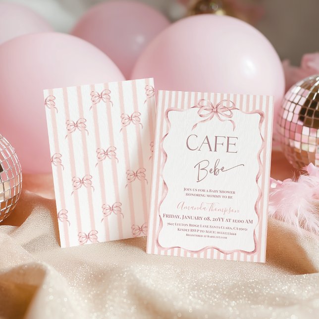 Retro Pink Bow Cafe Bebe Girl Coffee Baby Shower Invitation (Creator Uploaded)