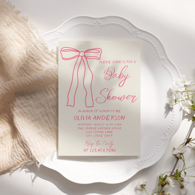 Retro Pink Bow Hand Drawn Written Baby Girl Shower Invitation (Creator Uploaded)
