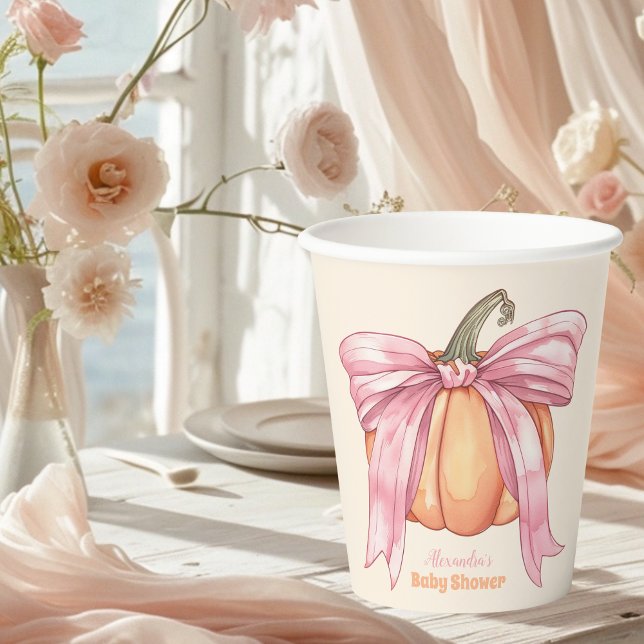 Retro Pink Bow Pumpkin Baby Shower Paper Cups (Creator Uploaded)