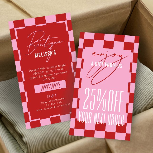 Retro Pink Business Next Order Discount Voucher Business Card (Creator Uploaded)