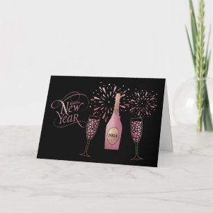 Retro Pink Champagne Fireworks New Year Holiday Card