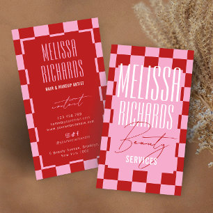 Retro Pink Checkered Aesthetician Lashes Salon Business Card