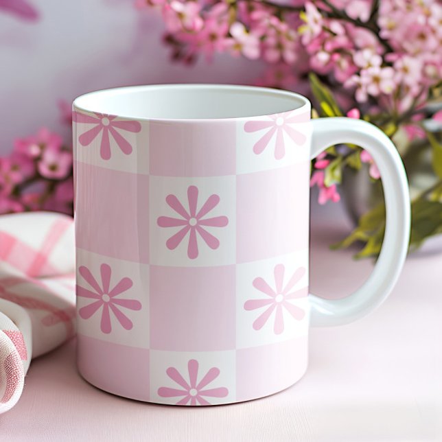 Retro Pink Chequered Chequered Floral Pattern Coffee Mug (Creator Uploaded)