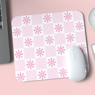 Retro Pink Chequered Chequered Floral Pattern Mouse Pad