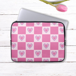 Retro Pink Chequered Chequered Heart Pattern Laptop Sleeve