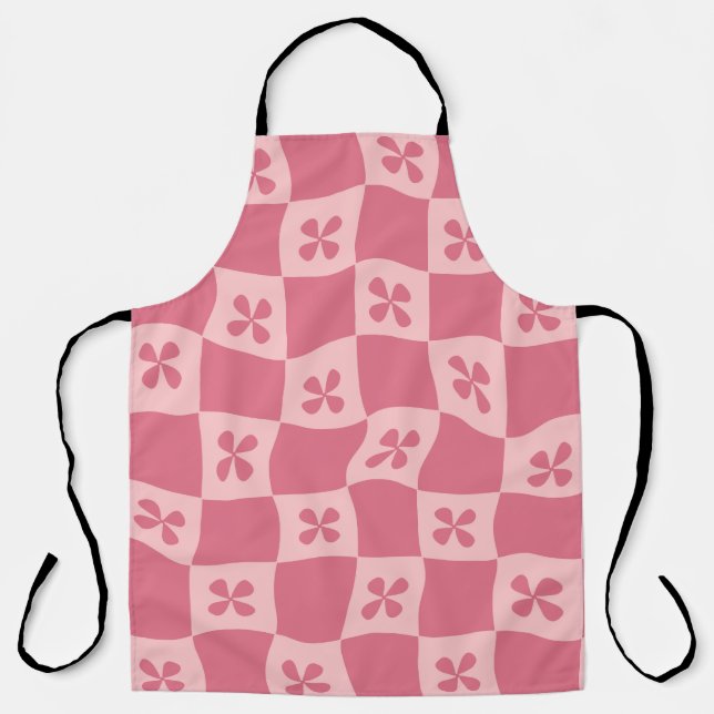 Retro Pink Chequered Floral Pattern Apron (Front)