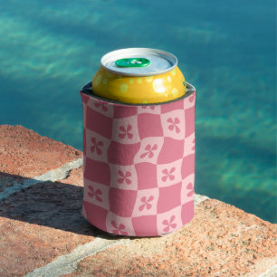 Retro Pink Chequered Floral Pattern Can Cooler