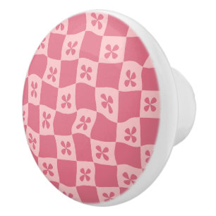 Retro Pink Chequered Floral Pattern Ceramic Knob
