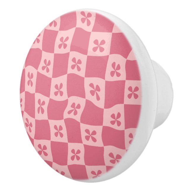 Retro Pink Chequered Floral Pattern Ceramic Knob (Right)