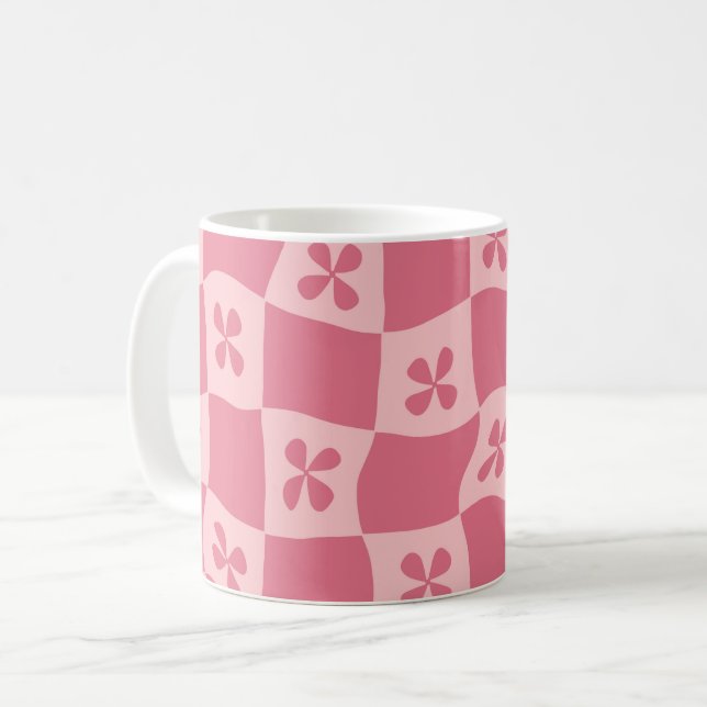 Retro Pink Chequered Floral Pattern Coffee Mug (Front Left)