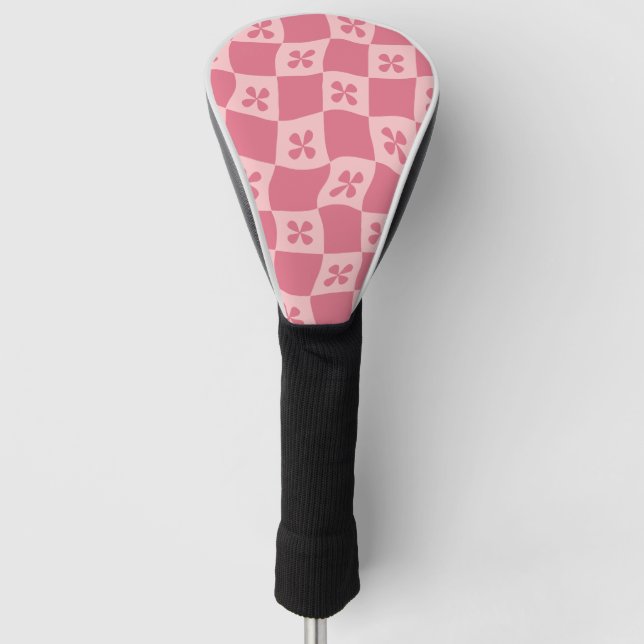 Retro Pink Chequered Floral Pattern Golf Head Cover (Front)