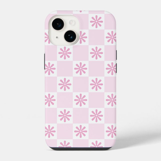 Retro Pink Chequered Floral Pattern iPhone Case (Back)