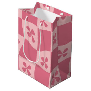 Retro Pink Chequered Floral Pattern Medium Gift Bag