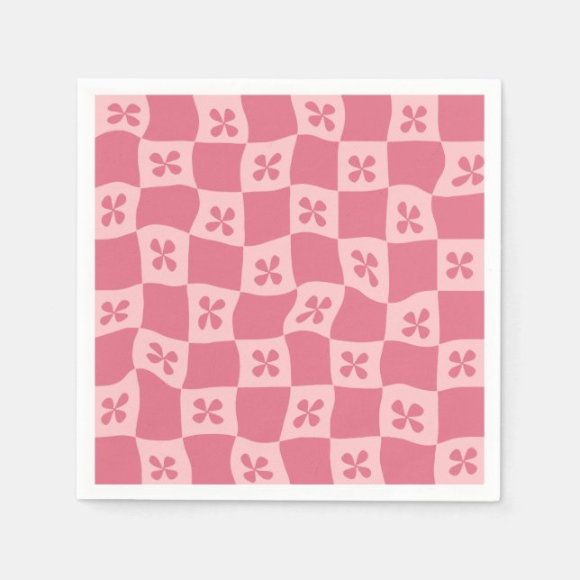 Retro Pink Chequered Floral Pattern Napkin (Front)