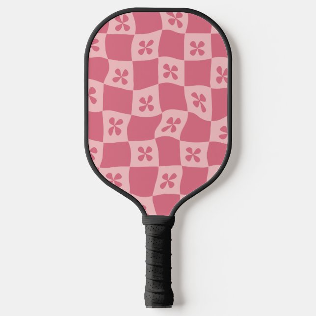 Retro Pink Chequered Floral Pattern Pickleball Paddle (Front)