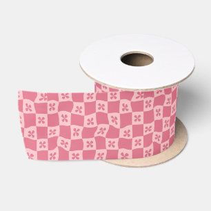Retro Pink Chequered Floral Pattern Satin Ribbon