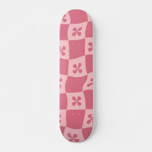 Retro Pink Chequered Floral Pattern Skateboard