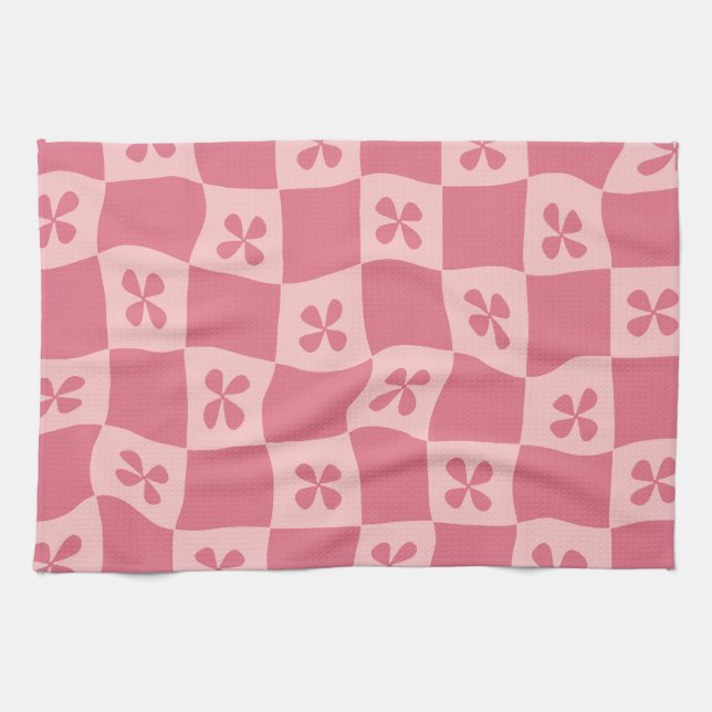 Retro Pink Chequered Floral Pattern Tea Towel (Horizontal)