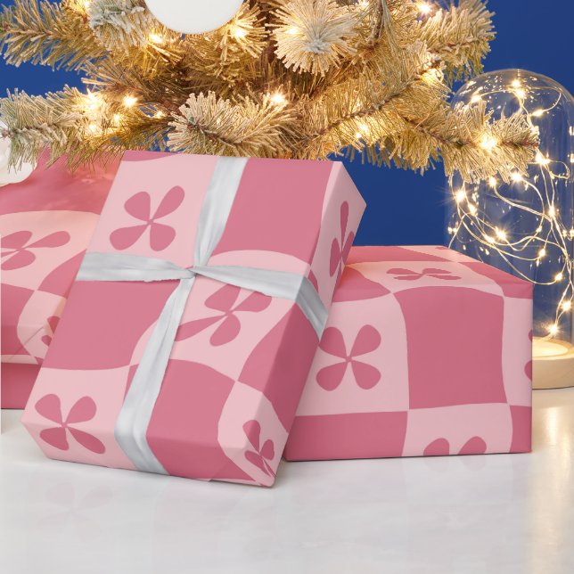 Retro Pink Chequered Floral Pattern Wrapping Paper (Holidays)