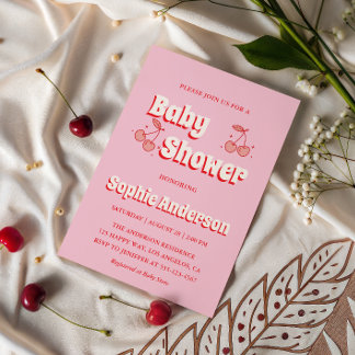 Retro Pink Cherry Baby Shower Invitation