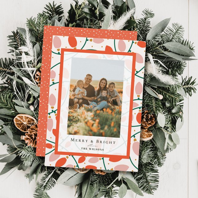 Retro Pink Christmas Lights Holiday Photo Card (Creator Uploaded)