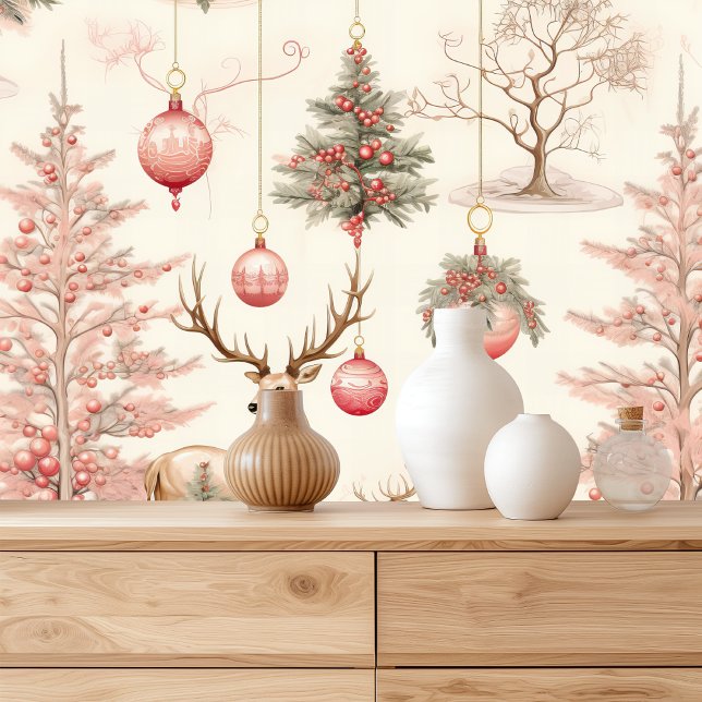 Retro Pink Christmas Ornaments And Deer Wallpaper (Creator Uploaded)