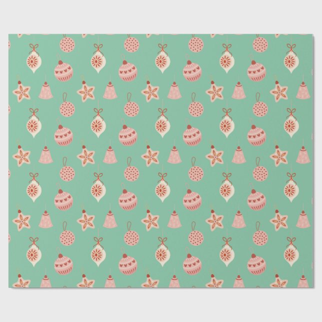 Retro Pink Christmas Ornaments Wrapping Paper (Flat)
