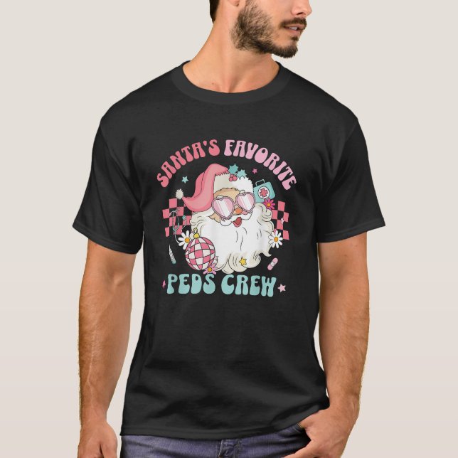 Retro Pink Christmas Santa s Favourite PEDS Nurse  T-Shirt (Front)