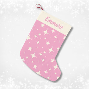 Retro Pink Christmas Sparkle Pattern Custom Name Small Christmas Stocking