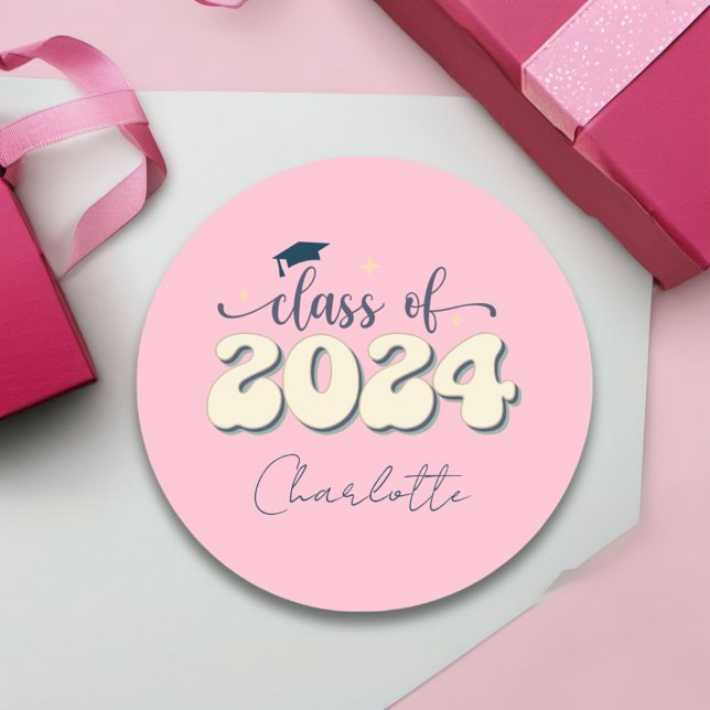 Retro Pink Class Of 2024 Graduation Classic Round Sticker (Creator Uploaded)