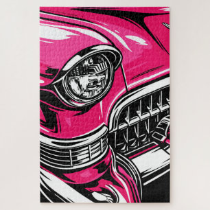 Retro Pink Classic Car Front Pop Art Illustration Jigsaw Puzzle