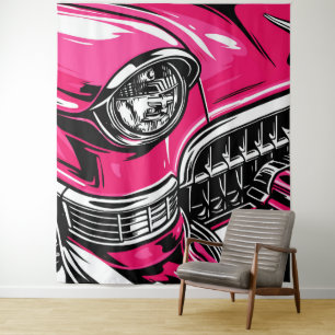 Retro Pink Classic Car Front Pop Art Illustration Tapestry