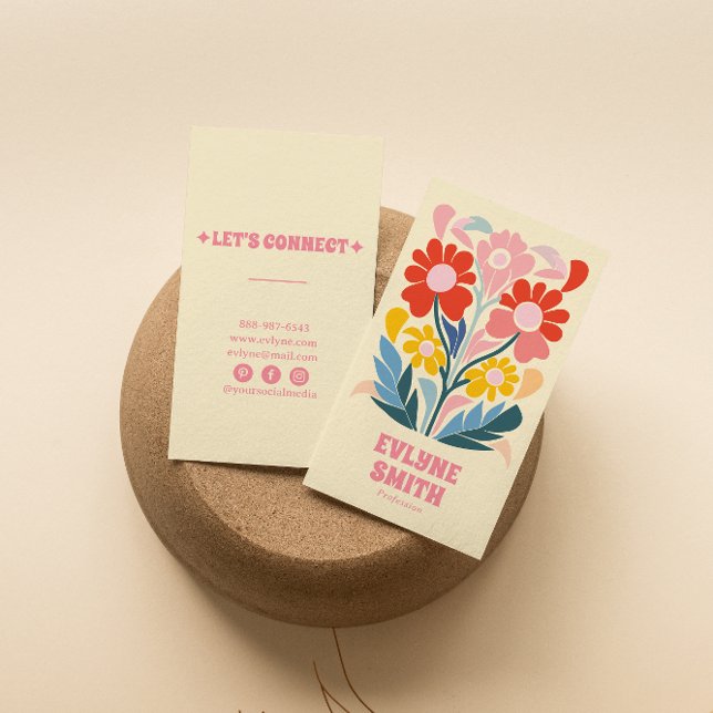 Retro Pink Colourful Groovy Floral Boho Girly Bold Business Card (Creator Uploaded)