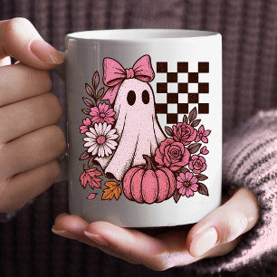 Retro Pink Coquette Ghost Girl with Bow Halloween Coffee Mug