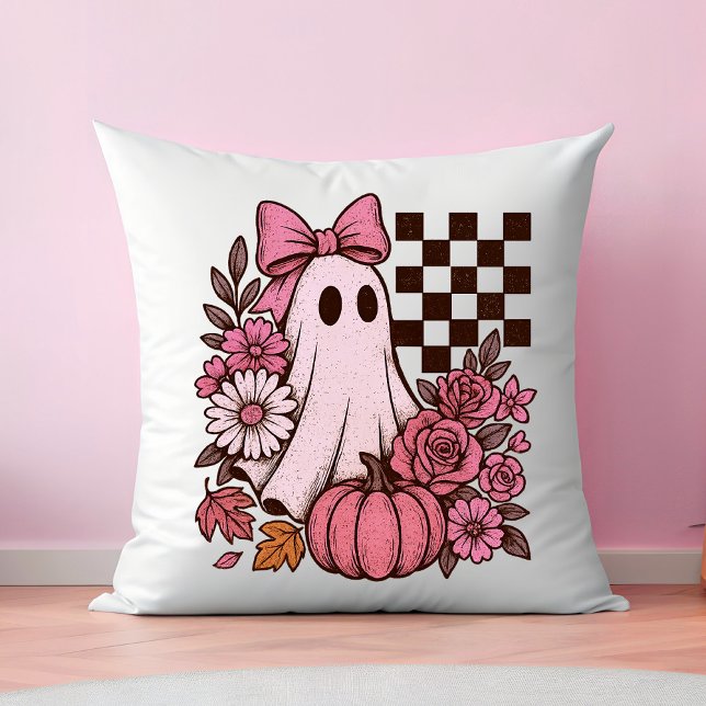 Retro Pink Coquette Ghost Girl with Bow Halloween Cushion (This coquette ghost retro Halloween design combines floral sweetness with spooky spirit.)