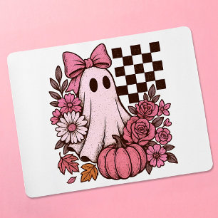 Retro Pink Coquette Ghost Girl with Bow Halloween Mouse Pad
