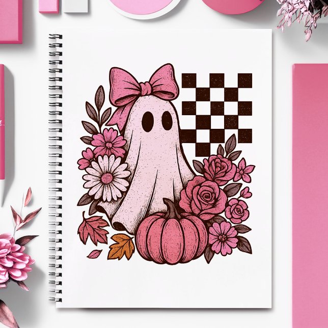 Retro Pink Coquette Ghost Girl with Bow Halloween Notebook (This coquette ghost retro Halloween design combines floral sweetness with spooky spirit.)