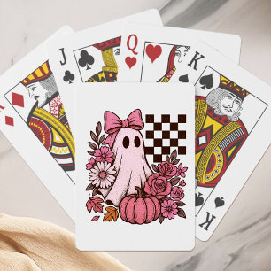 Retro Pink Coquette Ghost Girl with Bow Halloween Playing Cards