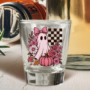 Retro Pink Coquette Ghost Girl with Bow Halloween Shot Glass