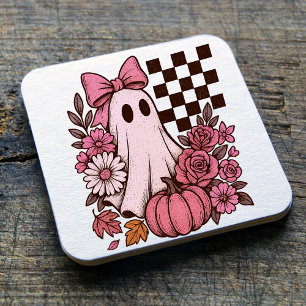 Retro Pink Coquette Ghost Girl with Bow Halloween Square Paper Coaster