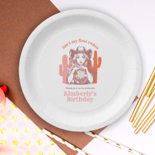 Retro Pink Cowgirl Disco Ball Birthday Party Paper Plate
