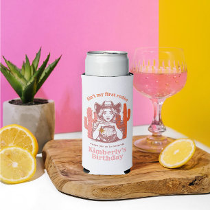 Retro Pink Cowgirl Disco Ball Birthday Party Seltzer Can Cooler