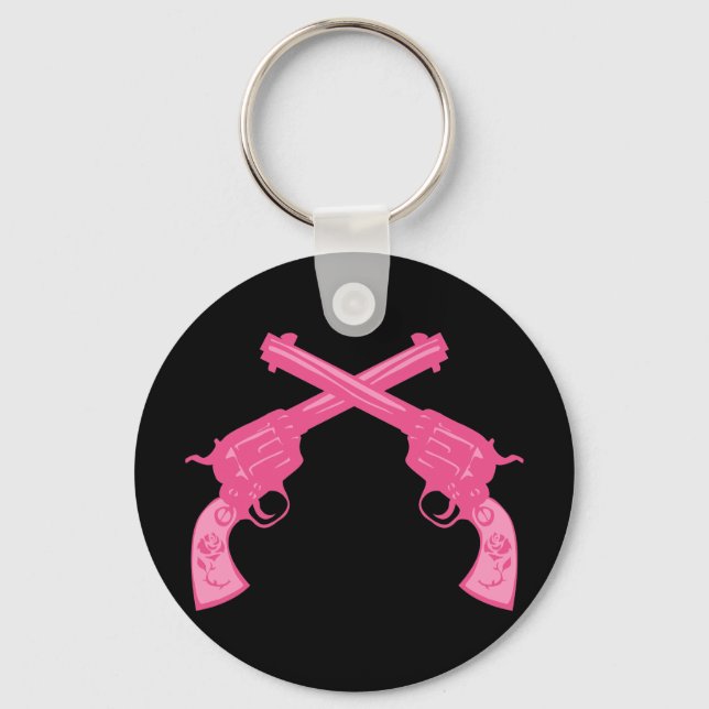 Retro Pink Crossed Pistols Key Ring (Front)