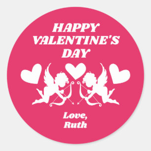 Retro Pink Cupid Happy Valentine's Day Classic Round Sticker