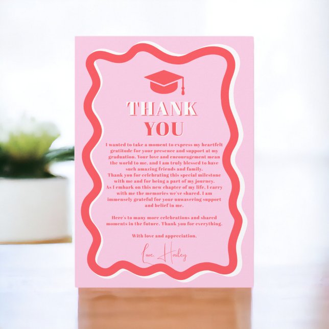 Retro pink curve squiggle wavy photo graduation thank you card (Retro pink curve squiggle wavy photo graduation thank you card)