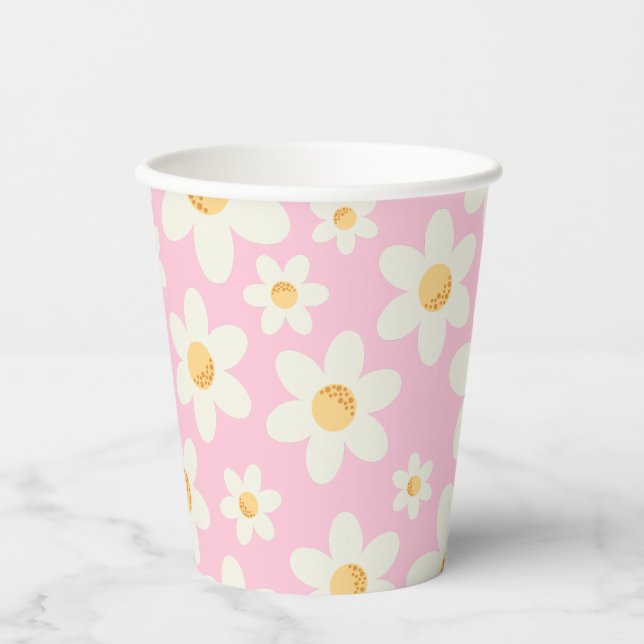 Retro Pink Daisy Boho Paper Cups – Groovy First Bi (Front)