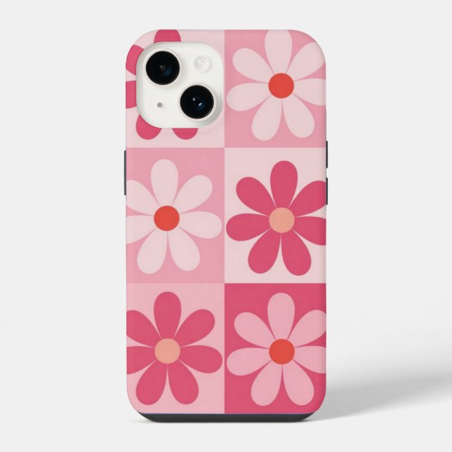 Retro Pink Daisy Chequerboard Pattern iPhone Case (Back)