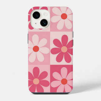 Retro Pink Daisy Chequerboard Pattern iPhone 14 Case