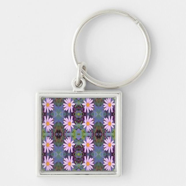 Retro Pink Daisy Flower Pattern Key Ring (Front)