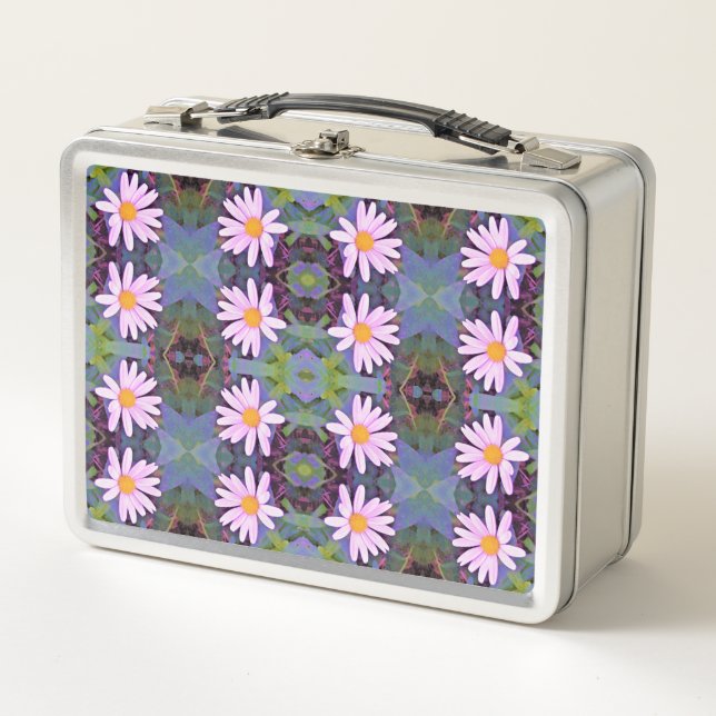 Retro Pink Daisy Flower Pattern Metal Lunch Box (Front)